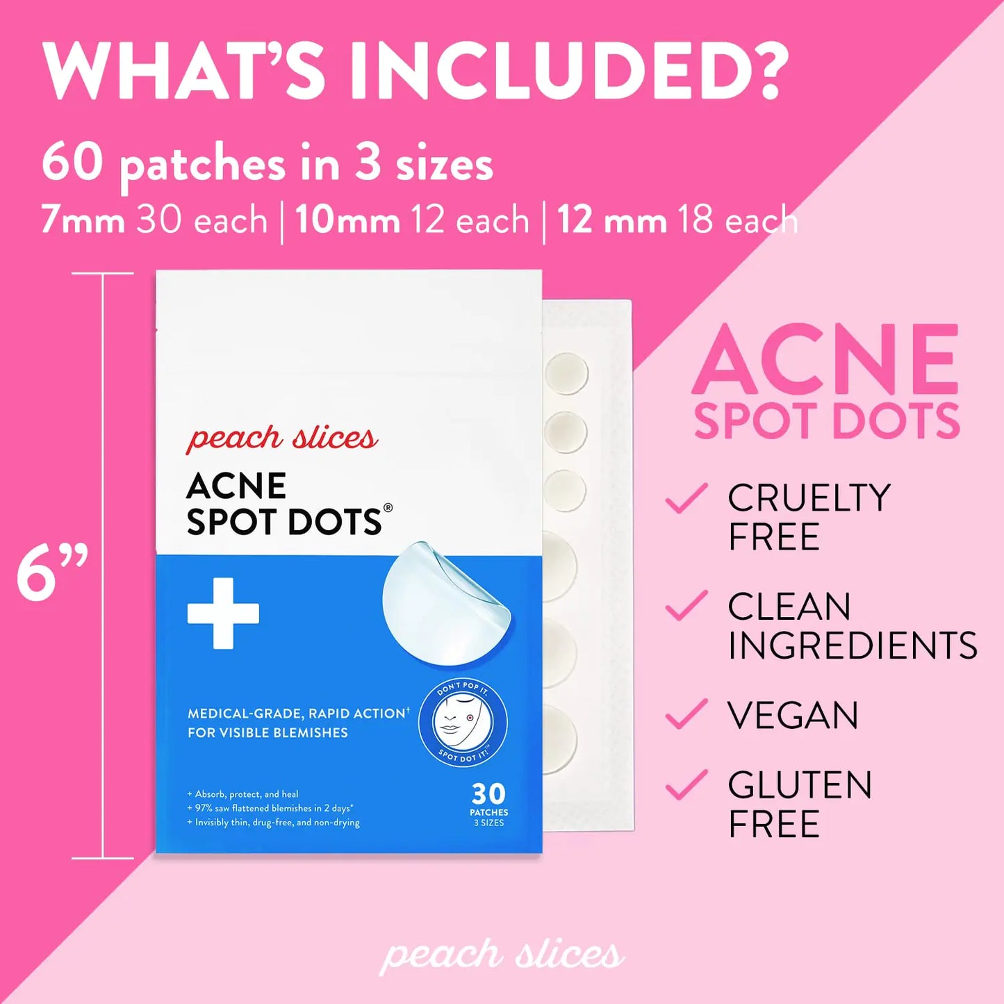 Peach Slices | Acne Spot Dots | Hydrocolloid Acne Patches | For Zits, Blemishes, & Breakouts | Vegan | Cruelty-Free | Pimple Patches | Facial Skin Care Products | 3 Sizes (7mm, 10mm, & 12mm) | 60 Ct 60 Counts