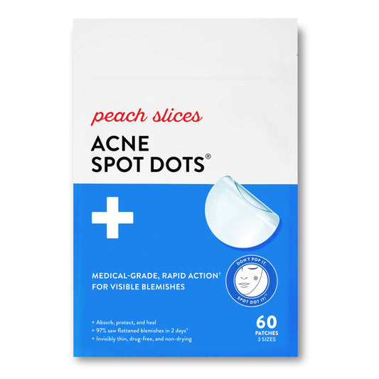 Peach Slices | Acne Spot Dots | Hydrocolloid Acne Patches | For Zits, Blemishes, & Breakouts | Vegan | Cruelty-Free | Pimple Patches | Facial Skin Care Products | 3 Sizes (7mm, 10mm, & 12mm) | 60 Ct 60 Counts